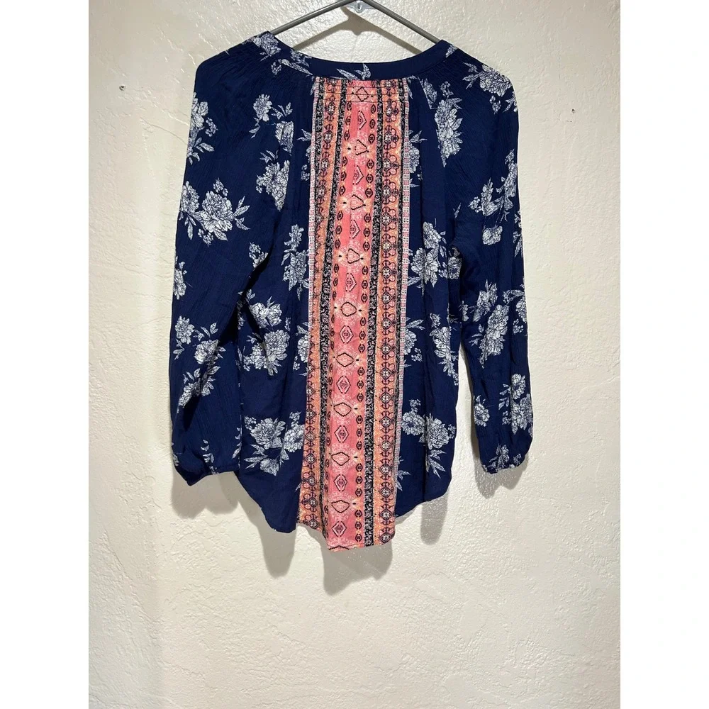Mason & Belle Womens Navy Blue Floral‎ Geometric Tassel Boho Blouse small
